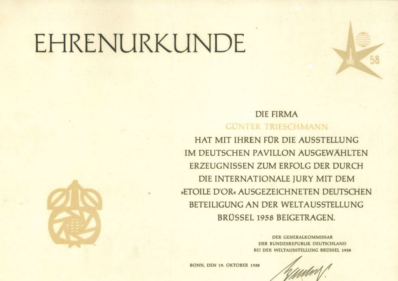 Firmengeschichte Ehrenurkunde Weltausstellung Firmengeschichte