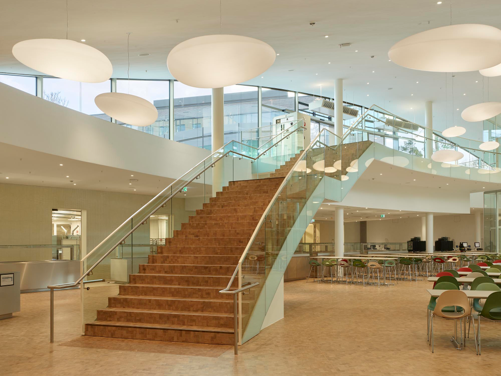 Innenansicht auf Treppe Mensa Bildungscampus Heilbronn mit Sonderleuchten freie Form